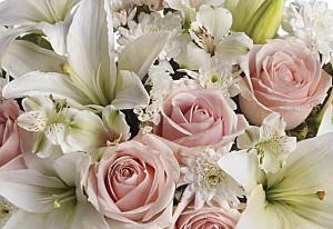Soft pink roses and white flowers popular for funeral flowers delivered in Winnipeg