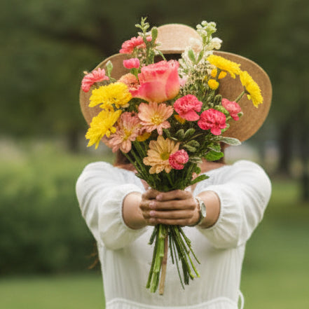 bouquet of colorful fresh flowers being appreciated by lady for delivery in winnipeg 