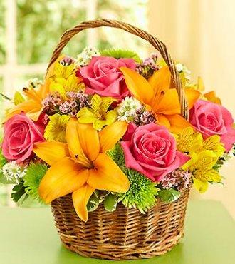 Orange lily, hot pink roses arranged in basket, Perfect to send to hospitals here in Winnipeg.