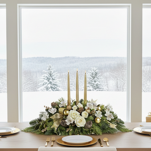 White Christmas arrangement with candles handcrafted by Valley Flowers, your florist in Winnipeg.