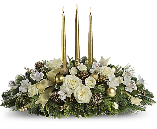 Long lasting white Christmas arrangement with candles created by local Winnipeg Florist-Valley Flowers.