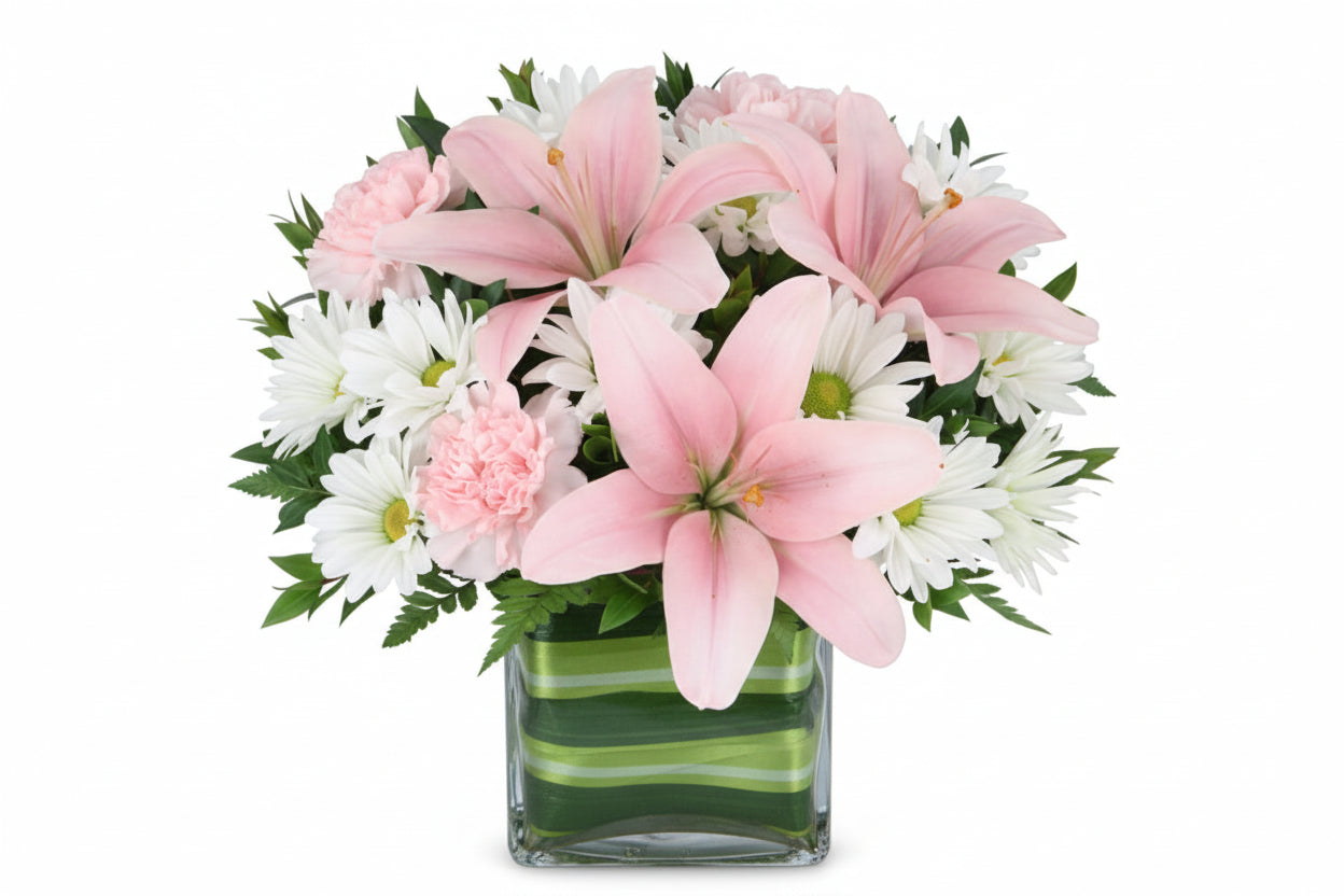 pink lily arrangement created by florist in Winnipeg. Valley Flowers. Your best florist in Winnipeg. 